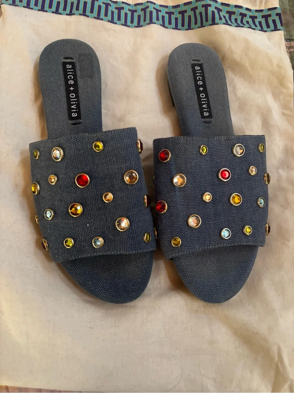 Alice + Olivia Denim Slide Sandals with Multicolor Gem Accents